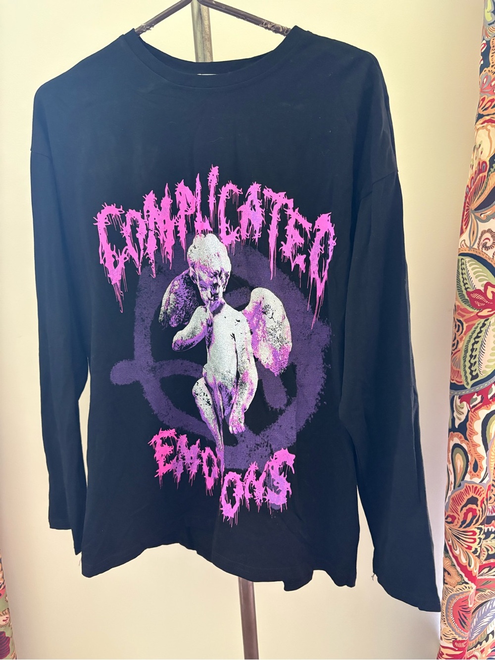 Black Long Sleeve Graphic Tee - Pink & Purple Print